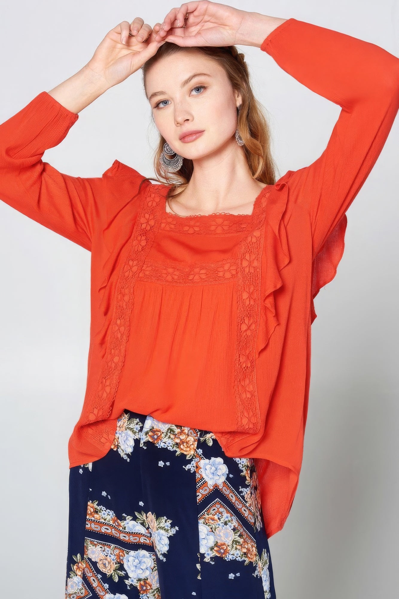 Tomato Red Solid Loose-fit Gauze Peasant Blouse