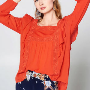 Tomato Red Solid Loose-fit Gauze Peasant Blouse