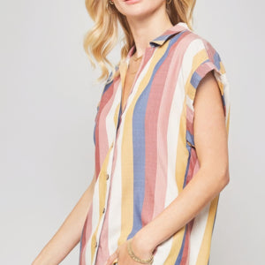 A Woven Shirt In Multicolor Striped With Collared Neckline