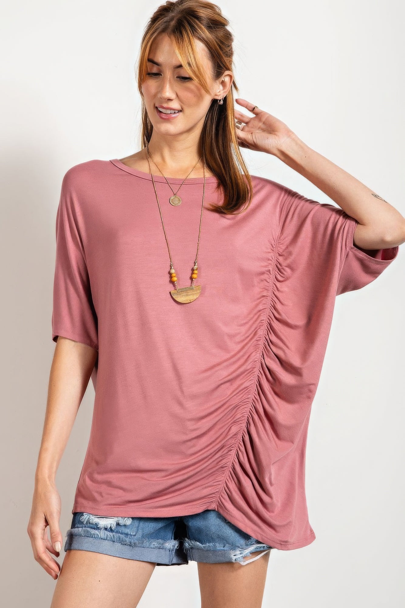 Mauve Loose Fit And Ruched Detailing Top