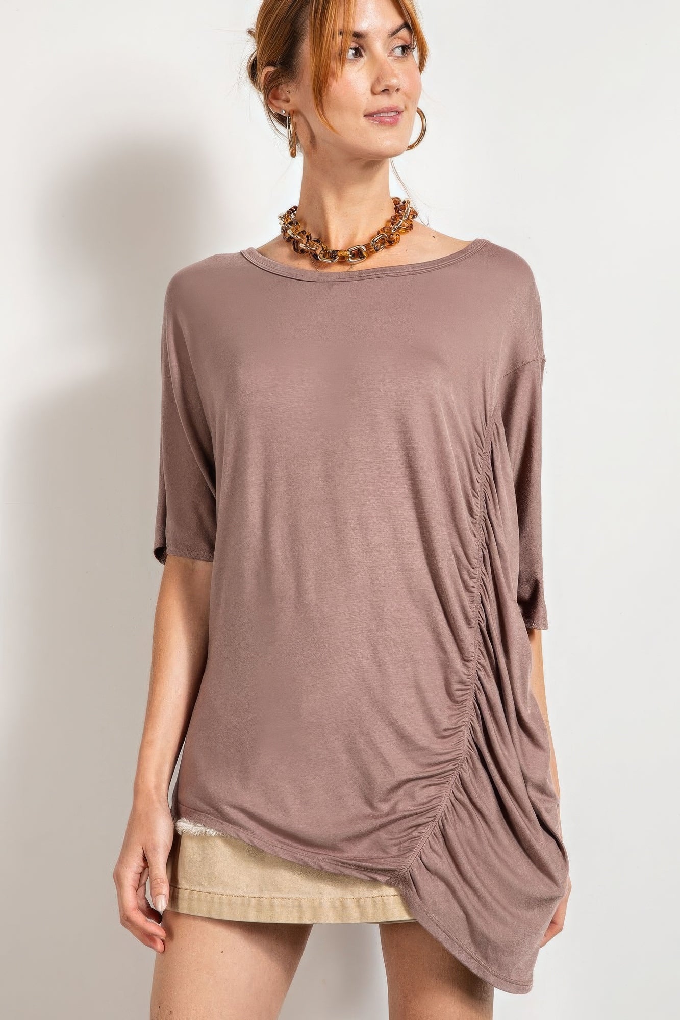 Mocha Loose Fit And Ruched Detailing Top