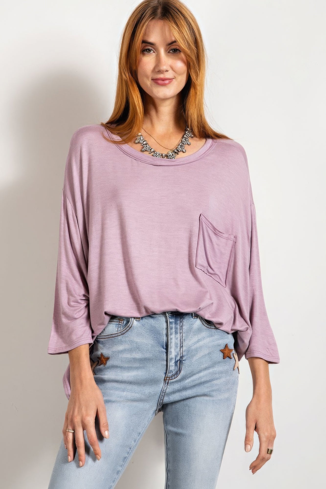 Dusty Lavender Rounded Neckline 3/4 Sleeves Washed Top