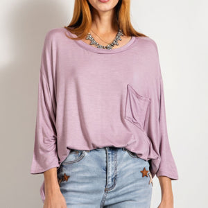 Dusty Lavender Rounded Neckline 3/4 Sleeves Washed Top