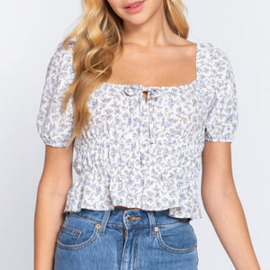 White Short Slv Shirring Print Woven Top