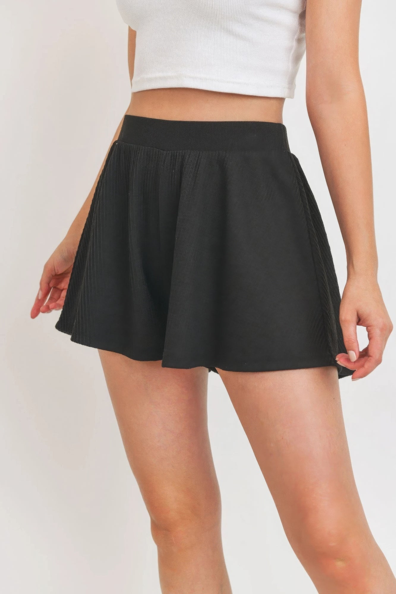 Black Flounce Shorts Micro Waffle