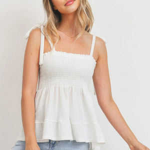 Smocking Bust With Self Tie Straps Sleeveless Waffle Top