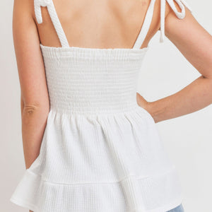 Smocking Bust With Self Tie Straps Sleeveless Waffle Top