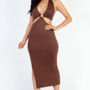 Cut-out Halter Neck Double Back Tie Split Thigh Midi Dress