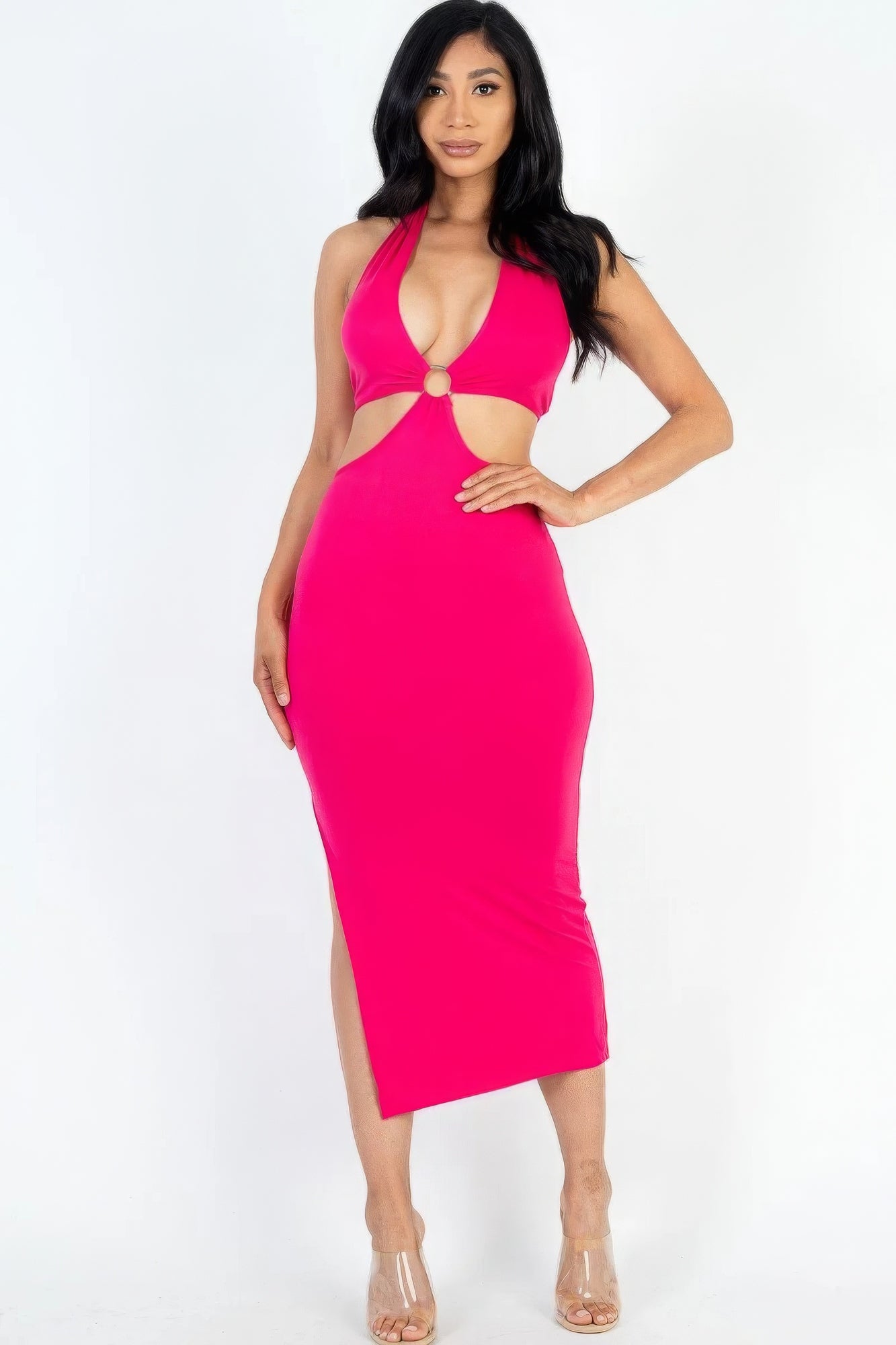 Fuchsia Cut-out Halter Neck Double Back Tie Split Thigh Midi Dress