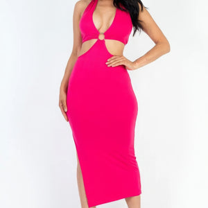 Fuchsia Cut-out Halter Neck Double Back Tie Split Thigh Midi Dress