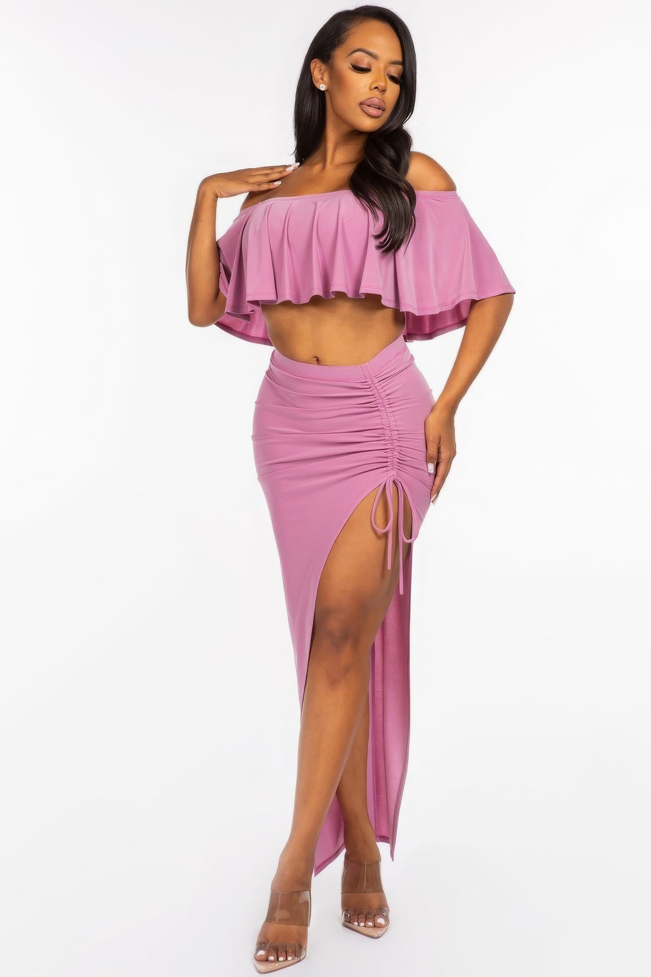 Mauve Solid Ity Off The Shoulder Ruffled Cropped Top And Ruched Maxi Skirt Two Piece Set