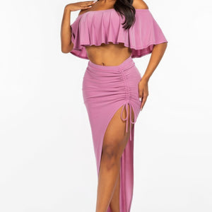 Mauve Solid Ity Off The Shoulder Ruffled Cropped Top And Ruched Maxi Skirt Two Piece Set