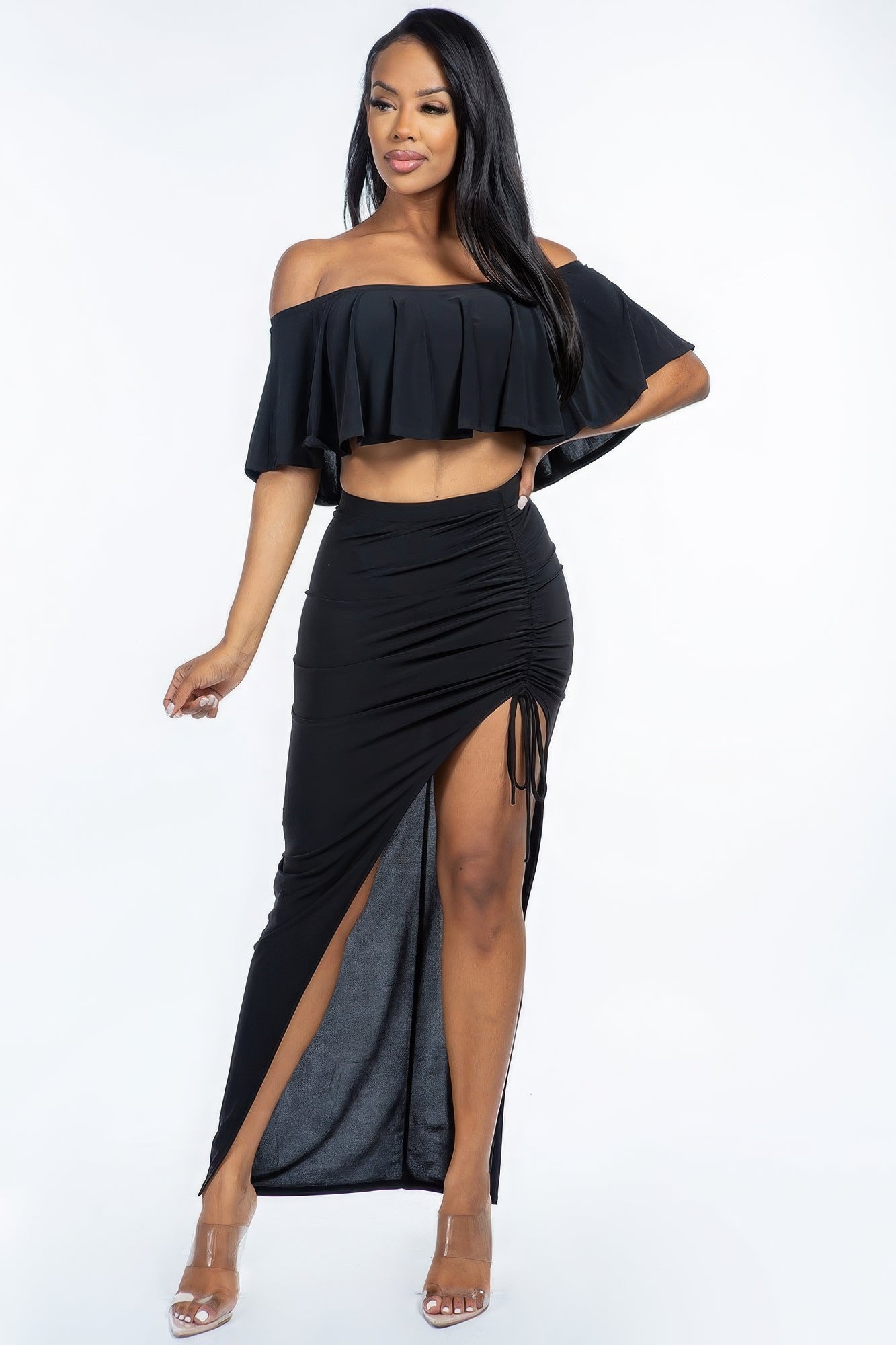 Black Solid Ity Off The Shoulder Ruffled Cropped Top And Ruched Maxi Skirt Two Piece Set