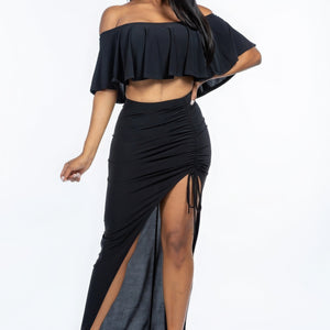 Black Solid Ity Off The Shoulder Ruffled Cropped Top And Ruched Maxi Skirt Two Piece Set