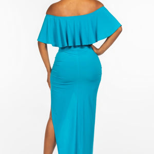 Solid Ity Off The Shoulder Ruffled Cropped Top And Ruched Maxi Skirt Two Piece Set