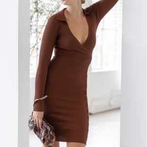 Knit Ribbed Button Up Detail Collared Long Sleeve Midi Dress in Cocoa