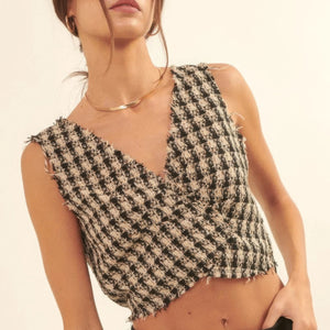 V Neckline Plaid Woven Vest