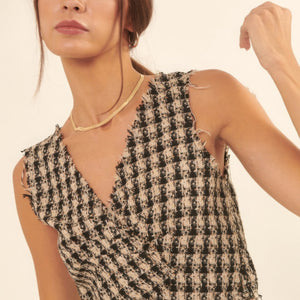 V Neckline Plaid Woven Vest