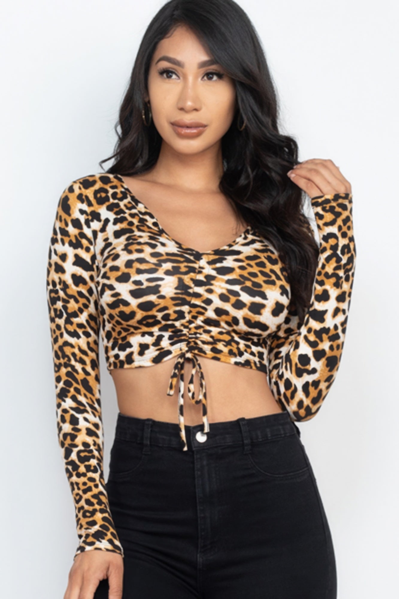 Leopard Print Strap Ruched Front Crop Top