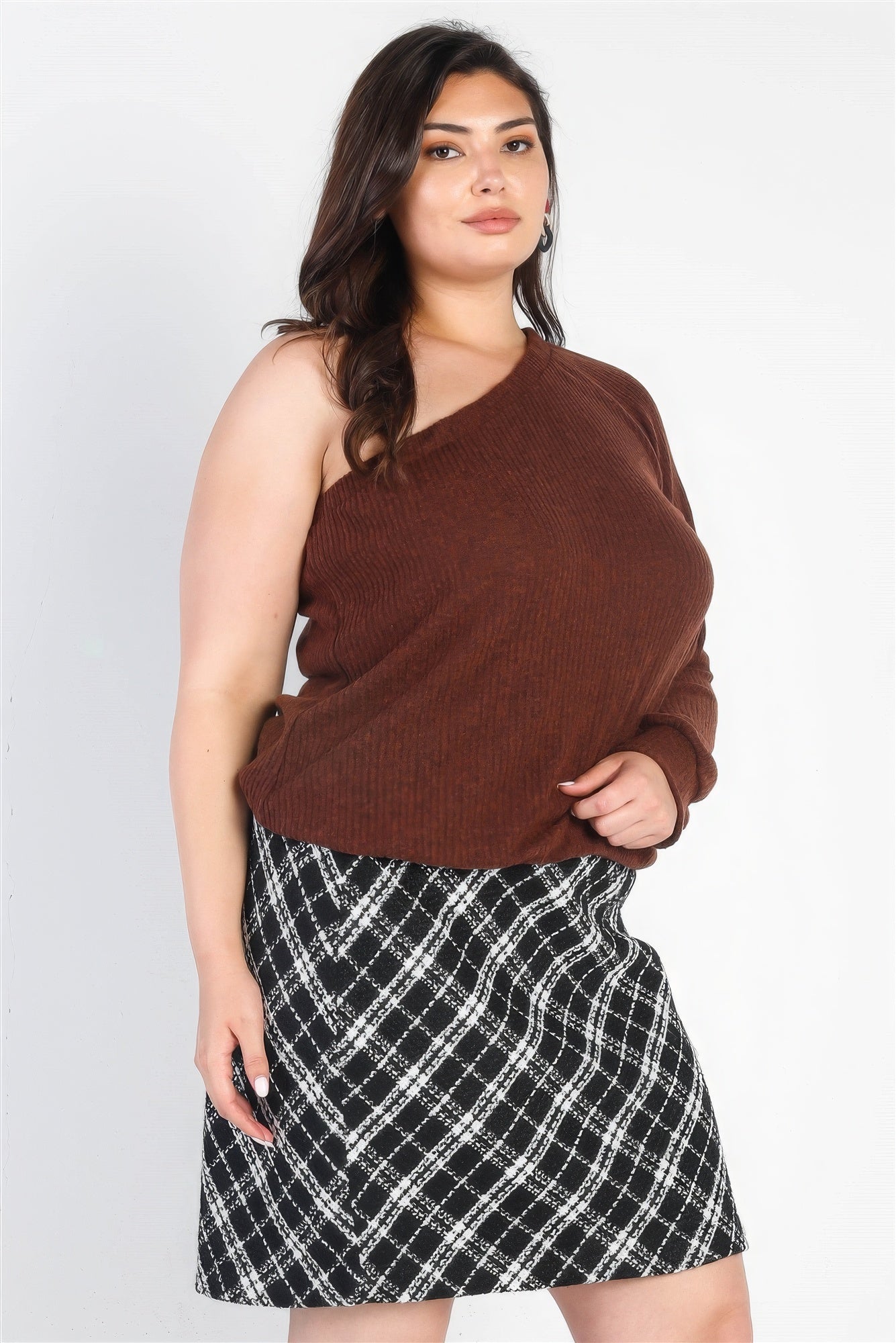 Brown Plus Brown Ribbed Textured One Shoulder Top