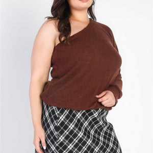 Brown Plus Brown Ribbed Textured One Shoulder Top