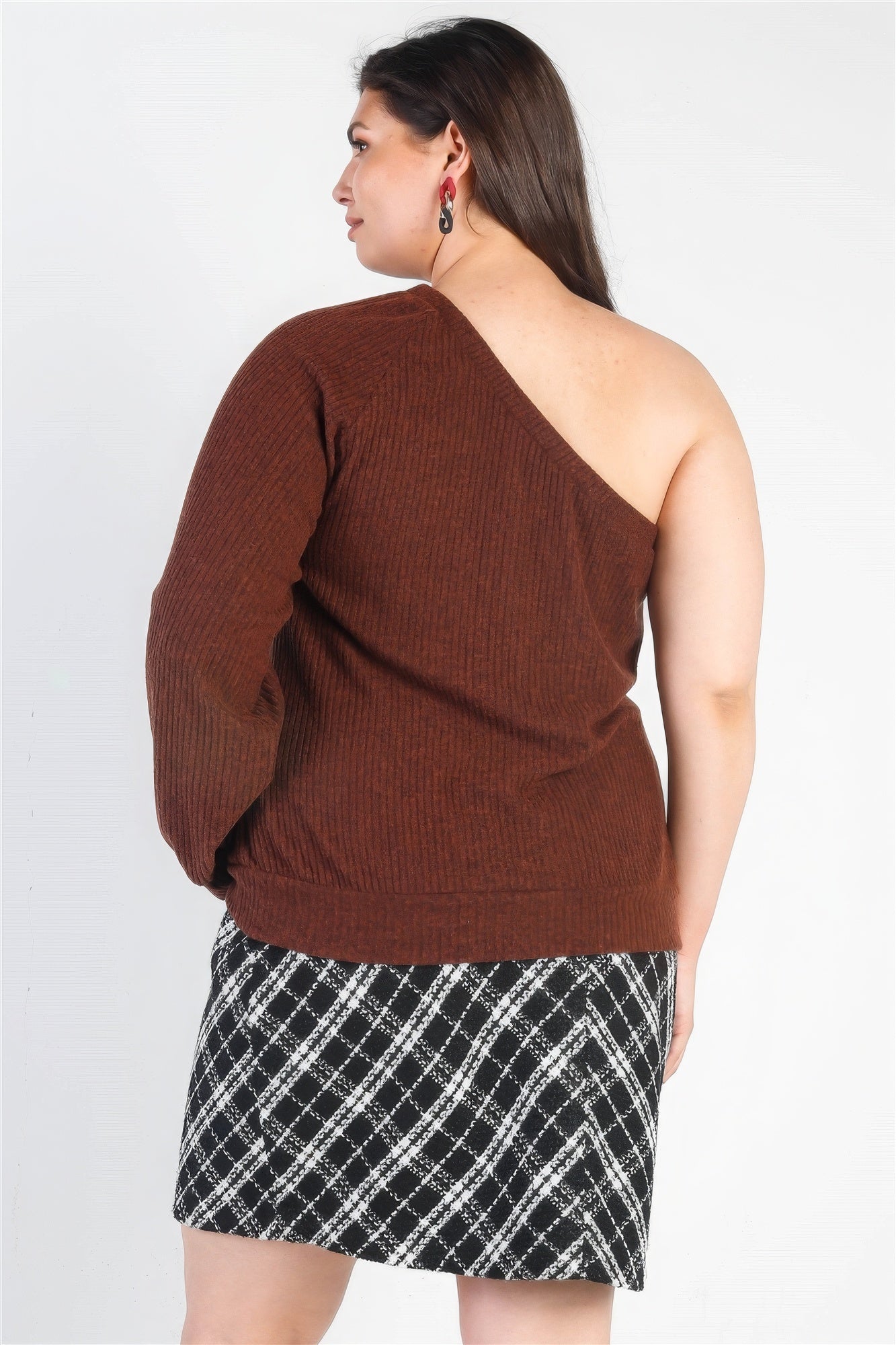 Brown Plus Brown Ribbed Textured One Shoulder Top