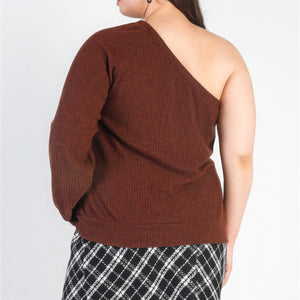 Brown Plus Brown Ribbed Textured One Shoulder Top