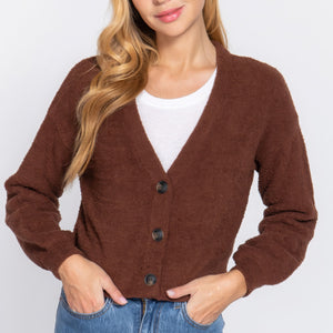 Brown Long Slv V-neck Sweater Cardigan