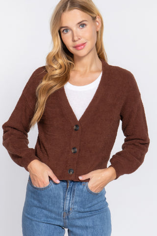 Brown Long Slv V-neck Sweater Cardigan