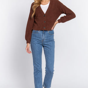 Brown Long Slv V-neck Sweater Cardigan