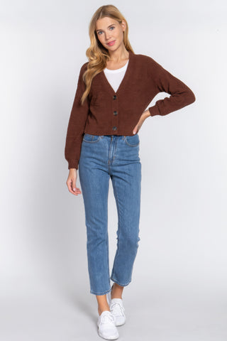 Brown Long Slv V-neck Sweater Cardigan