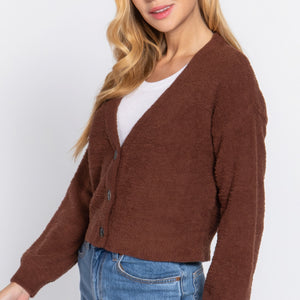 Brown Long Slv V-neck Sweater Cardigan