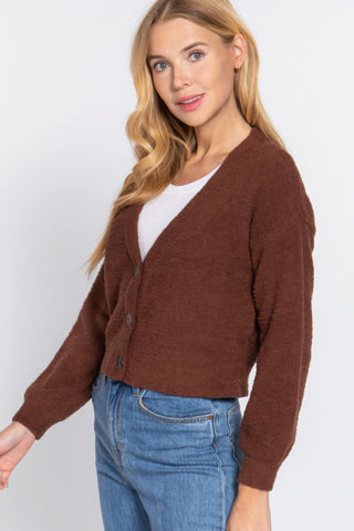 Brown Long Slv V-neck Sweater Cardigan