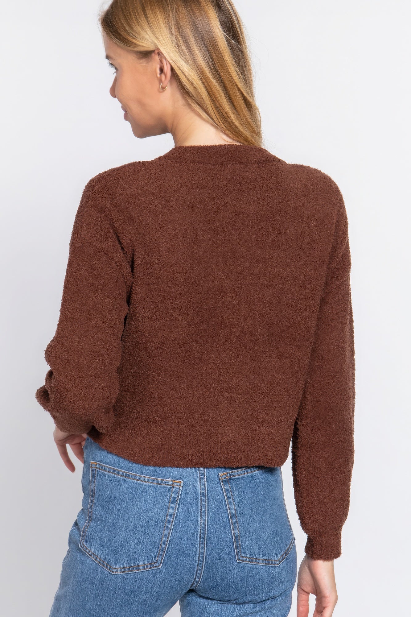 Brown Long Slv V-neck Sweater Cardigan