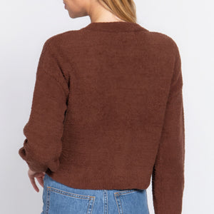 Brown Long Slv V-neck Sweater Cardigan