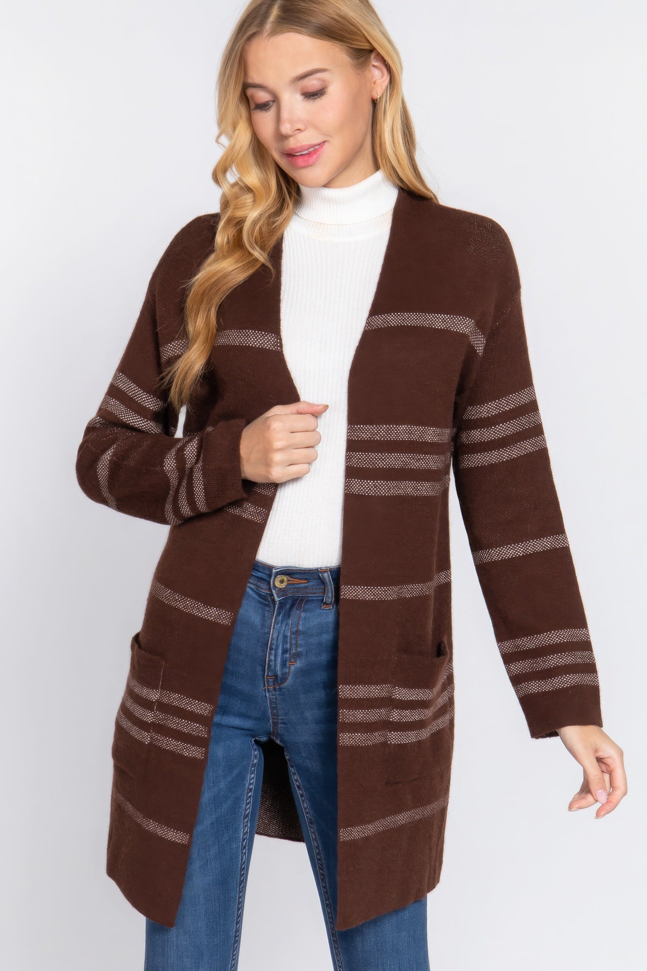 Brown/Cream Dolman Slv Stripe Open Sweater Cardigan