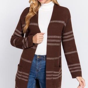 Brown/Cream Dolman Slv Stripe Open Sweater Cardigan