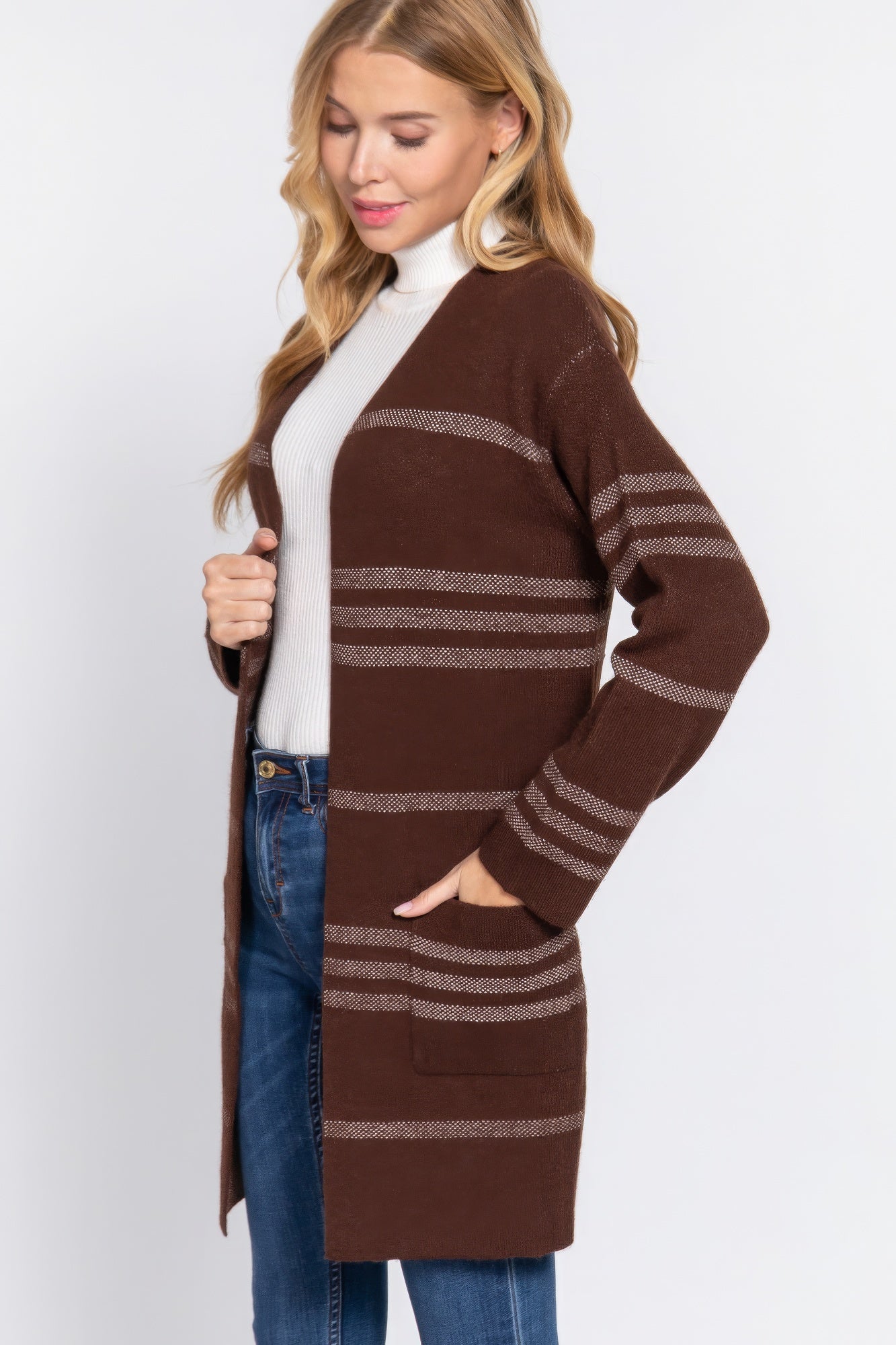 Brown/Cream Dolman Slv Stripe Open Sweater Cardigan