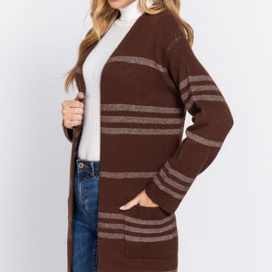 Brown/Cream Dolman Slv Stripe Open Sweater Cardigan