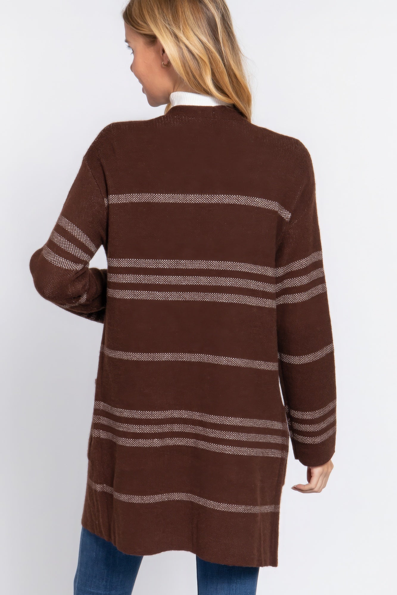 Brown/Cream Dolman Slv Stripe Open Sweater Cardigan