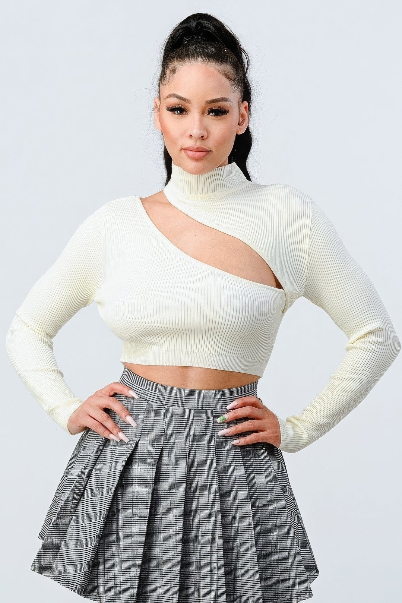 Ivory Lux Sweater Rib Cutout Mock Neck Crop Top