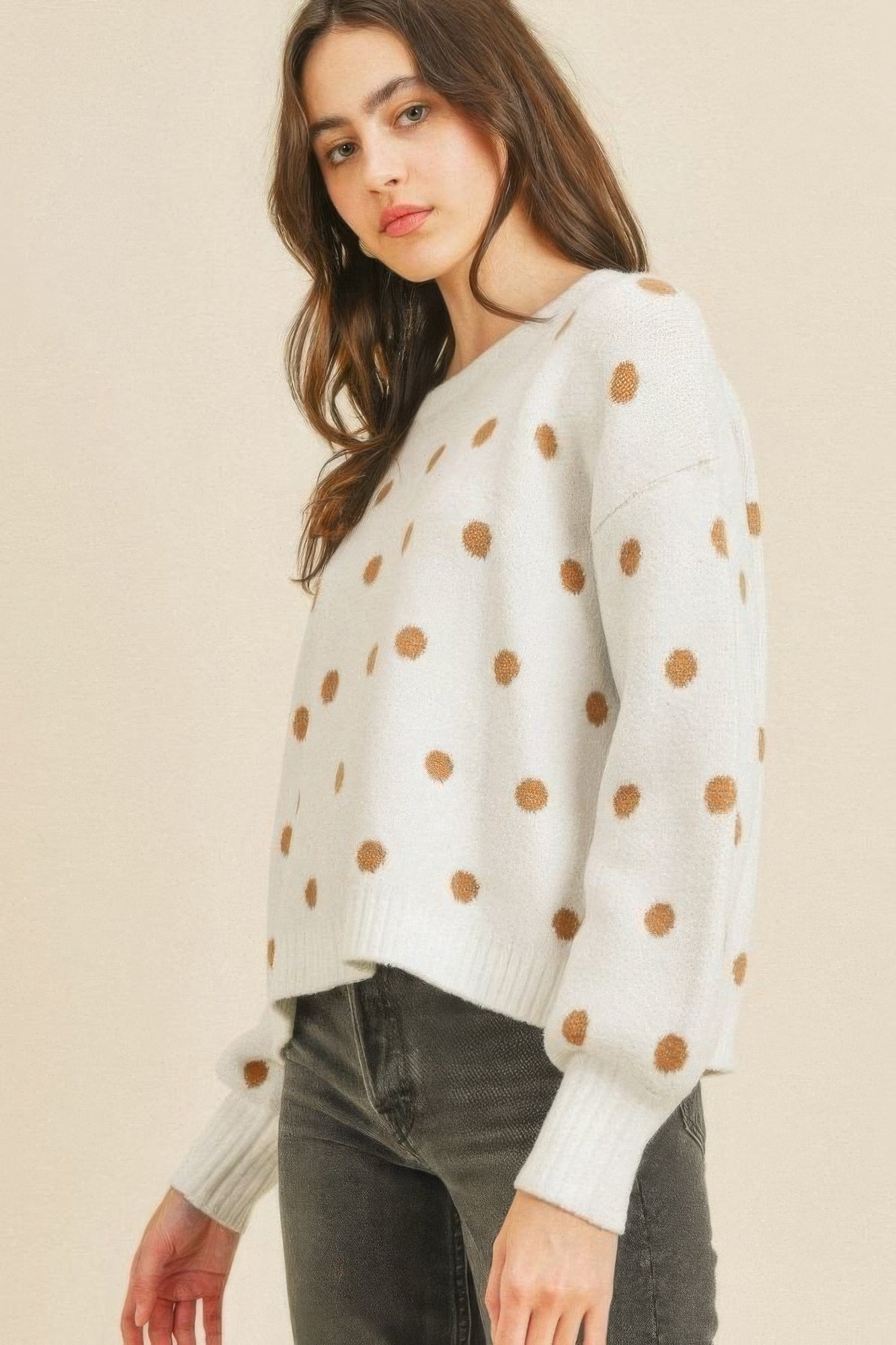 Ivory Multi Polka Dots Long Sleeve Top