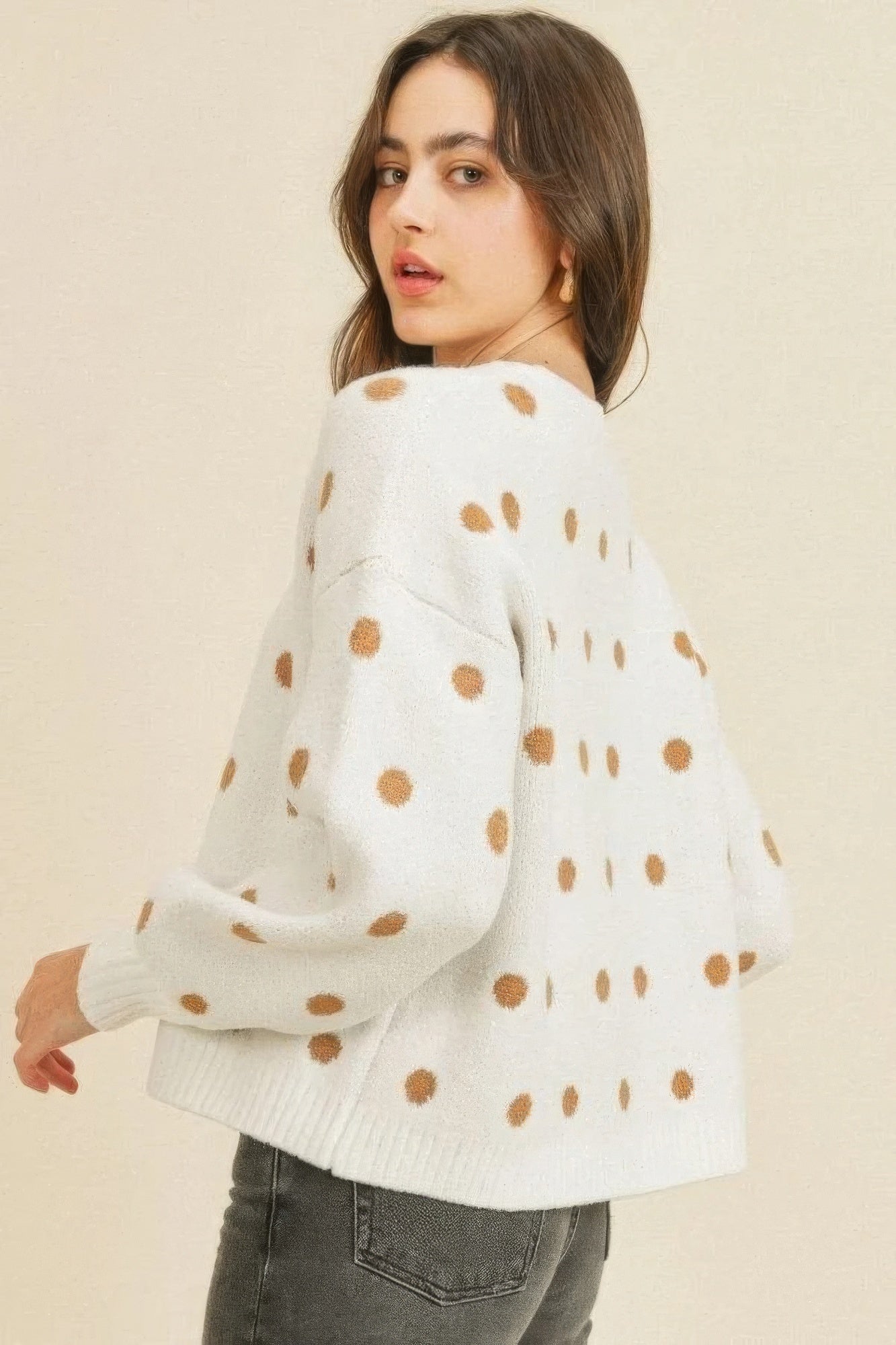 Ivory Multi Polka Dots Long Sleeve Top