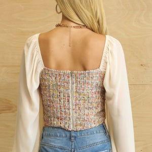 Tweed Bodice And Chiffon Square Top With Back Zipper