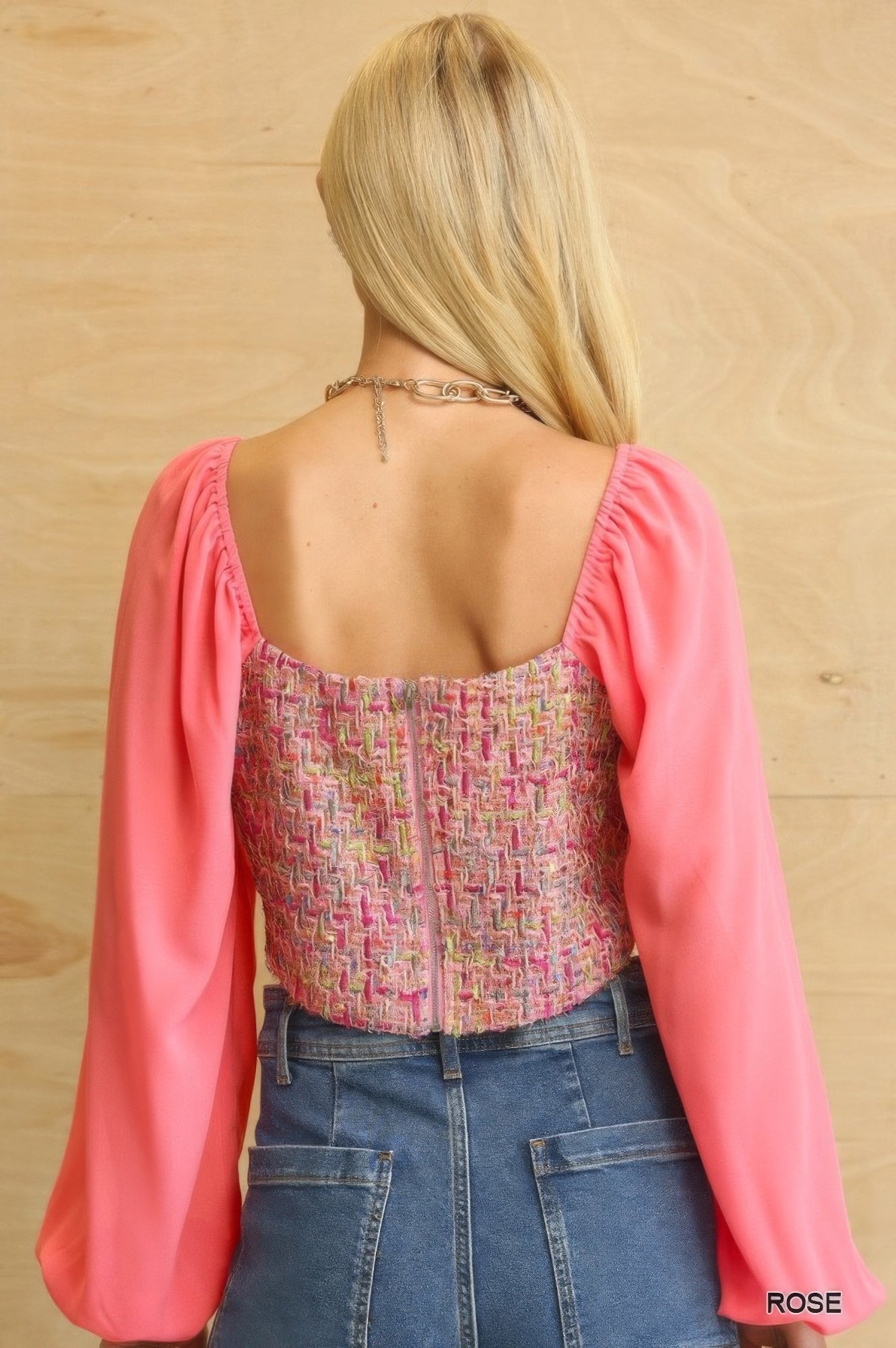 Rose Tweed Bodice And Chiffon Square Top With Back Zipper