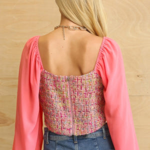 Rose Tweed Bodice And Chiffon Square Top With Back Zipper