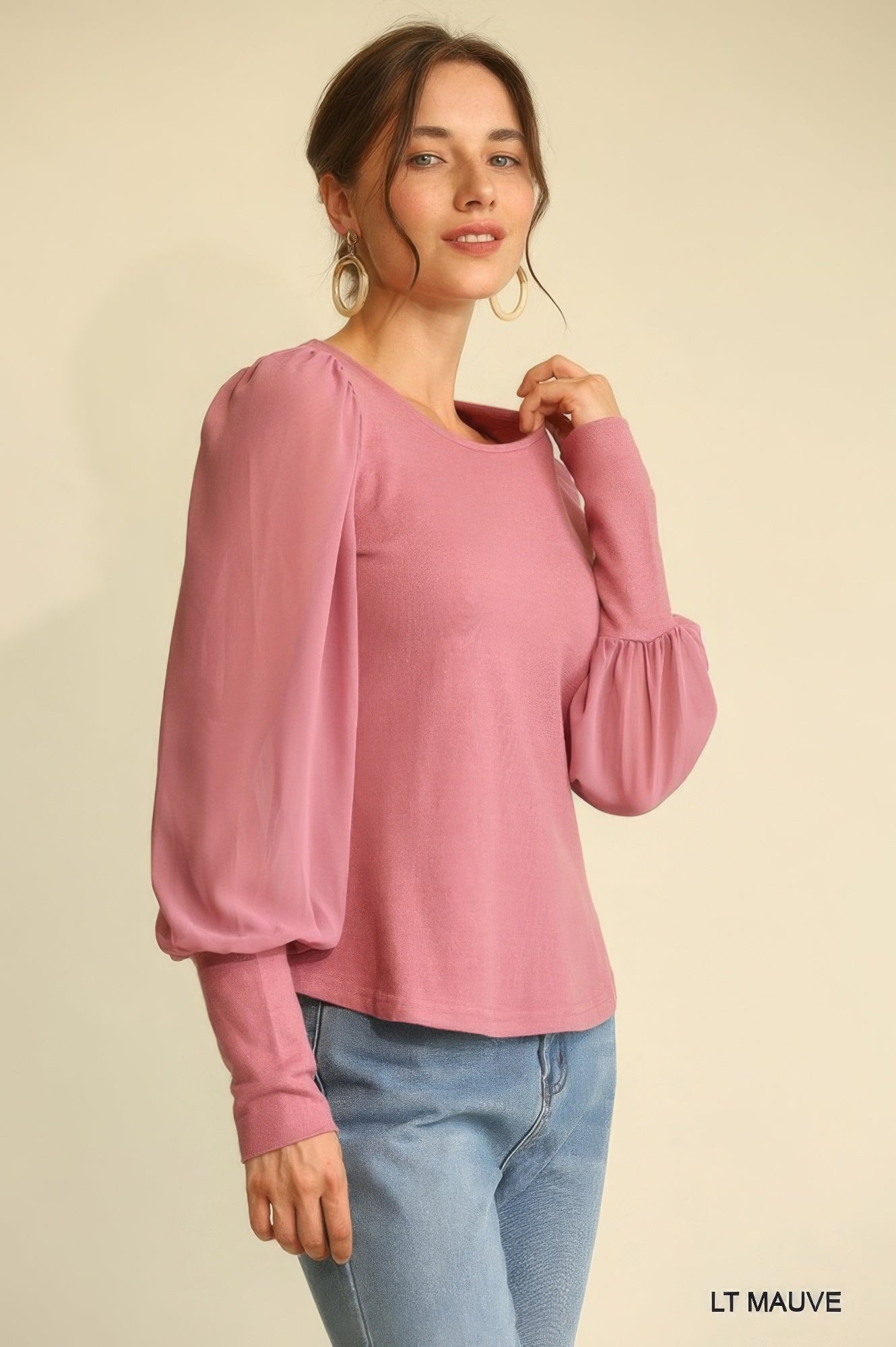 Light Mauve Solid Knit And Chiffon Mixed Top With Puff Long Sleeve