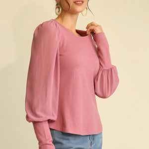 Light Mauve Solid Knit And Chiffon Mixed Top With Puff Long Sleeve