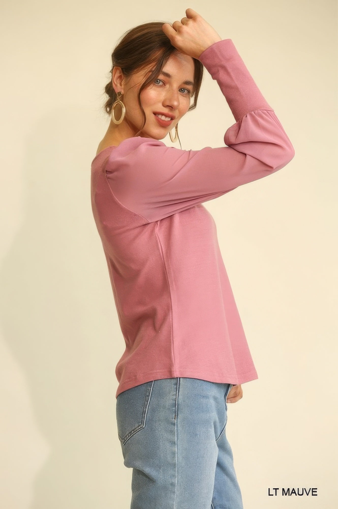 Light Mauve Solid Knit And Chiffon Mixed Top With Puff Long Sleeve