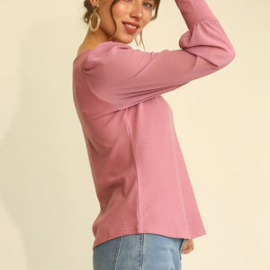 Light Mauve Solid Knit And Chiffon Mixed Top With Puff Long Sleeve